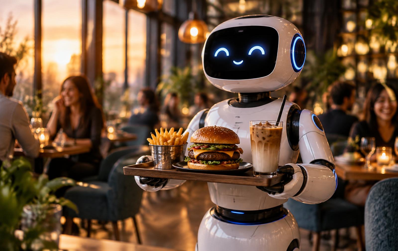A Robot Cafe service robot carrying a burger and iced latte